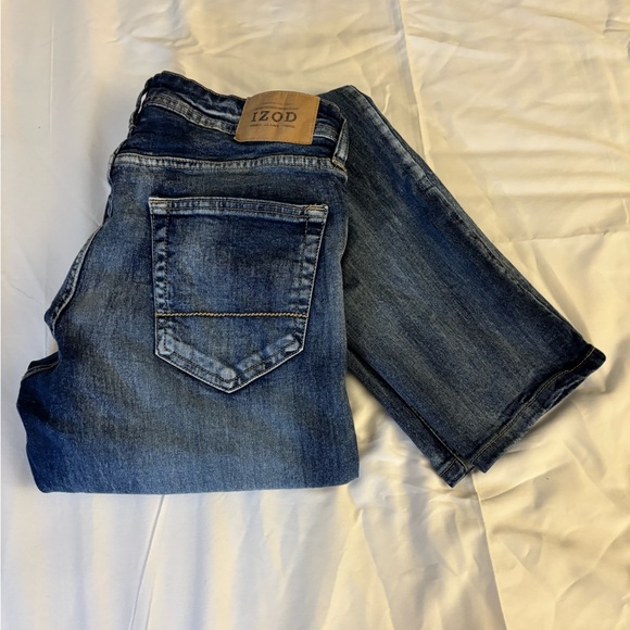 IZOD Mens Jeans 34x34 Straight Fit Ultra Softflex  Dark Distressed Wash - Picture 1 of 9